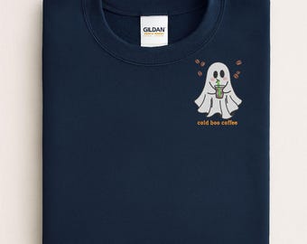 Ghost Coffee Shirt, Embroidered Halloween Gildan Crewneck, 8 Oz Cotton Blend