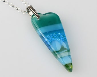 Aqua, Turquoise and Green Glass Heart Pendant