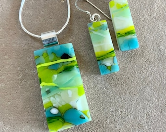 Turquoise and Bright Green Glass Pendant and Earring Set