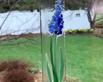 Tall Blue Flower Glass Suncatcher