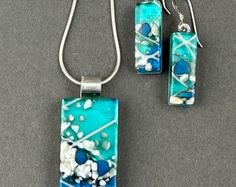 Turquoise and Aqua Glass Pendant and Earrings