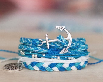 Colorful bracelet set - multistrand studded flat braid tricolor friendship bracelets sand dollar - waxed polyester - Life's a Beach