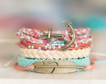 Colorful bracelet set - multistrand studded flat braid tricolor friendship bracelets summer bracelets - waxed polyester - Tea Party
