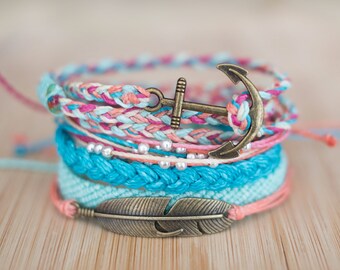 Colorful bracelet set - multistrand studded flat braid tricolor friendship bracelets summer bracelets - waxed polyester - Unicorn