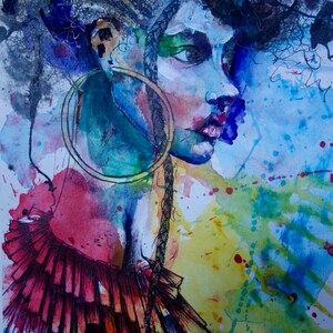Volti tecnica mista su carta, disegno a inchiostro, pittura acrilica, acquerello, esplosione di colori di donna, profilo del viso con trecce, energia della donna con trecce di capelli.
