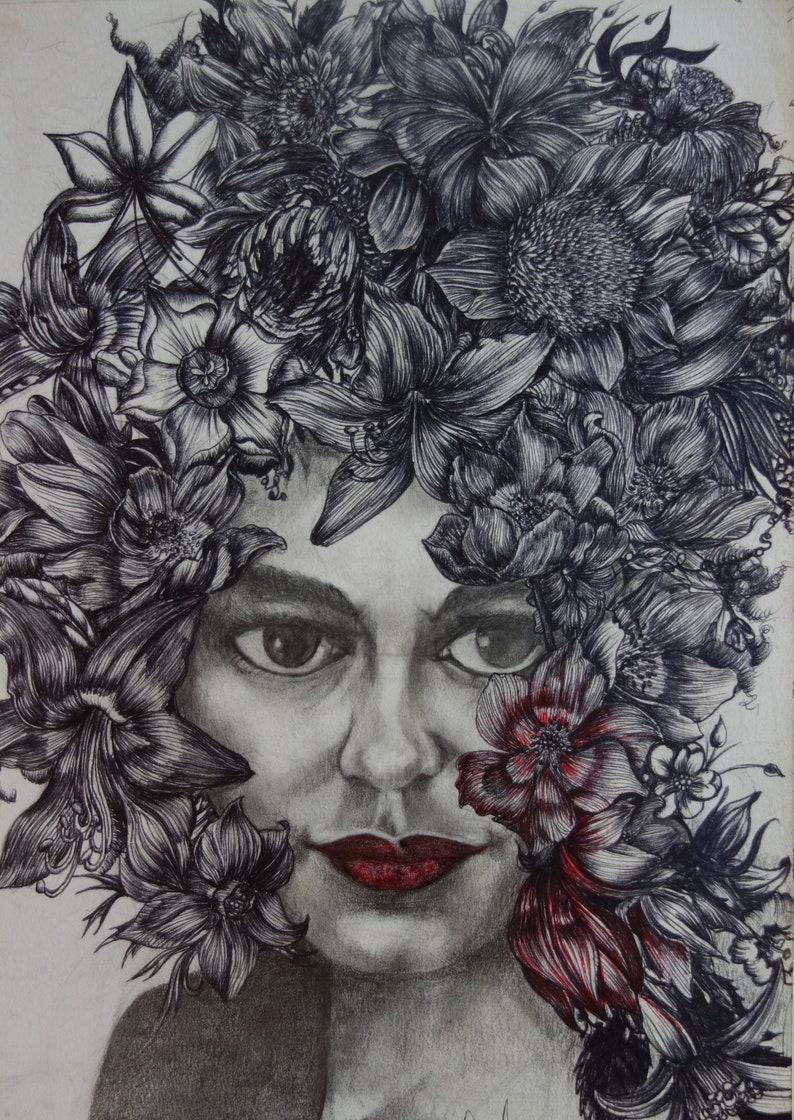 Blume Kopf Zeichnung Illustration / Frau Kopf mit Blume Etsy