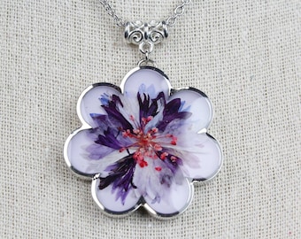 Radiant Cornflower (Bachelor Button) in Flower-Shaped Tray -  Silver Necklace