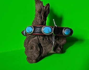 Dog collar, black, turquoise cabochons - country/western style dog collar