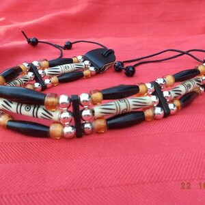 Traditioneller 3-reihiger Tribal Choker, Hairpipes, Büffelknochen, Bonepipes Bild 3