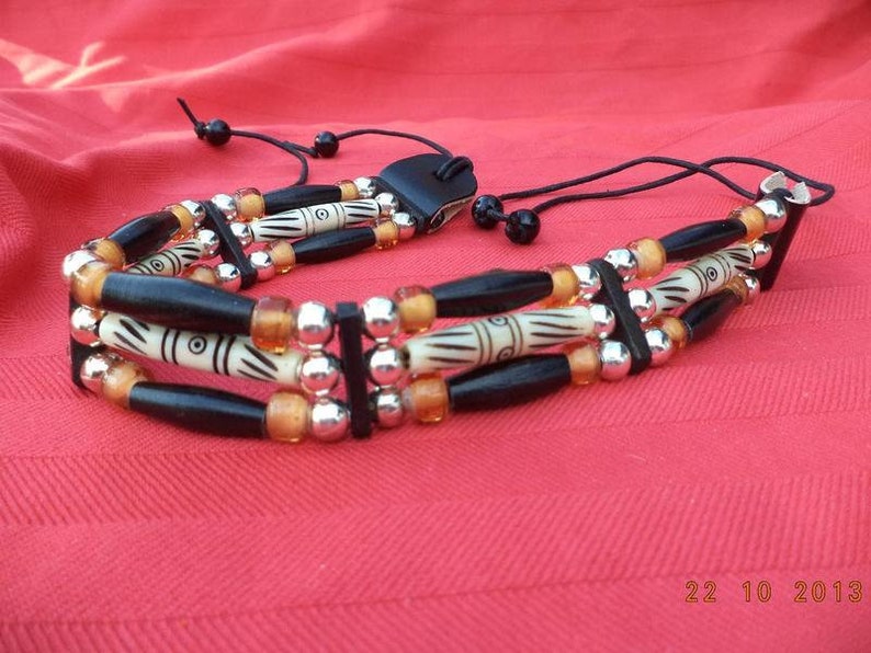 Traditioneller 3-reihiger Tribal Choker, Hairpipes, Büffelknochen, Bonepipes Bild 3
