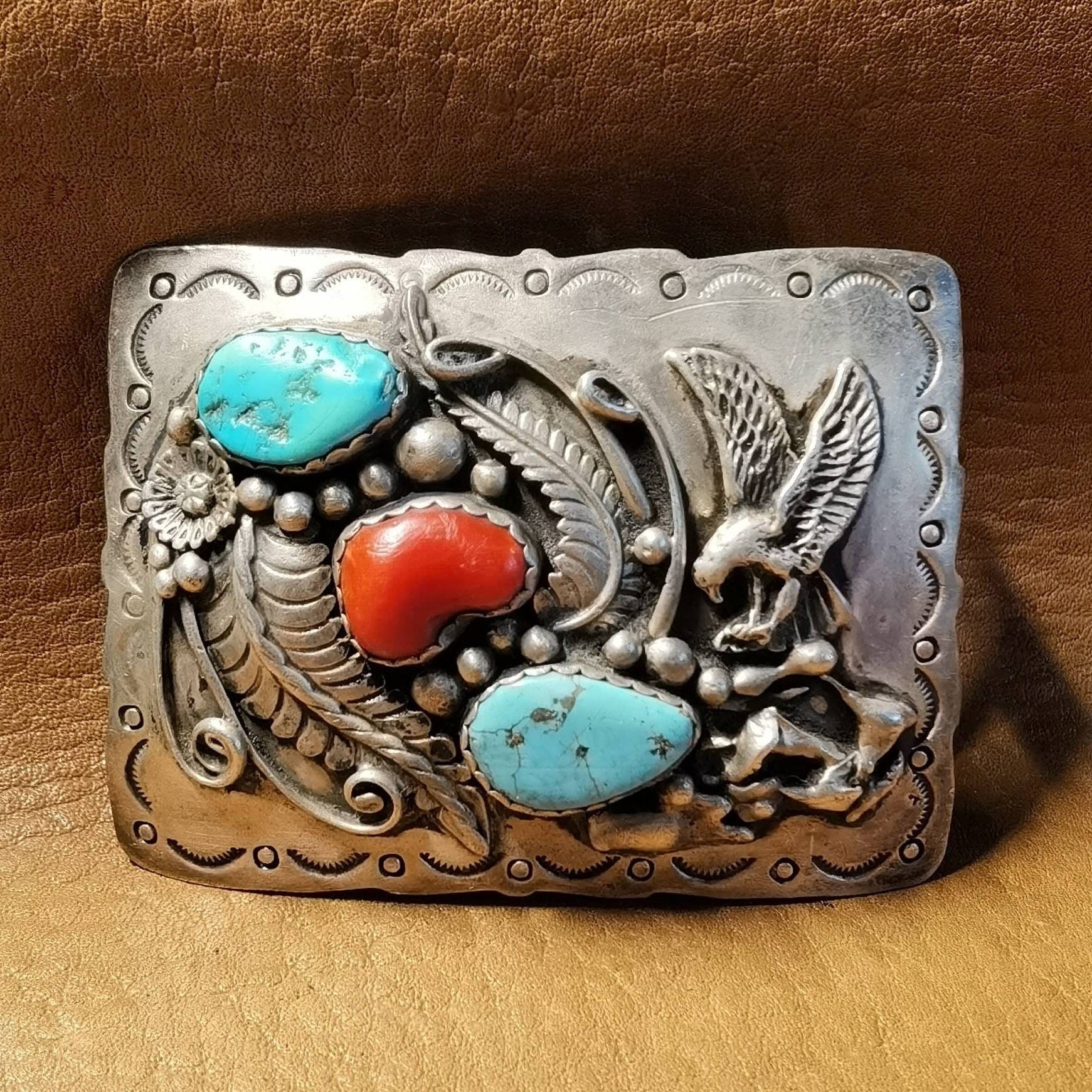 Navajo Vintage Belt Buckle, Buckle, Coral & Turquoise  display picture 2