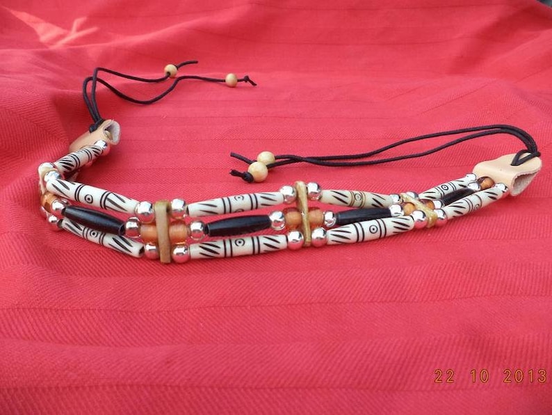 Traditioneller 3-reihiger Tribal Choker, Hairpipes, Büffelknochen, Bonepipes Bild 2