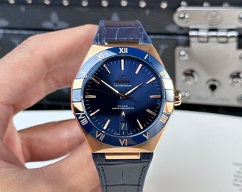 Omega Constellation rose gold blue dial rubber strap super clone 41mm