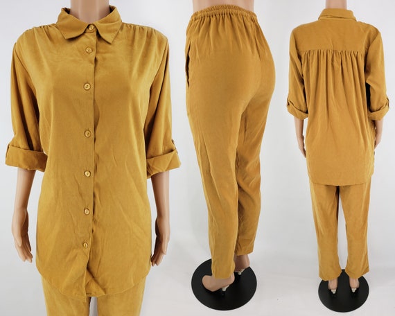 Vintage Mustard Yellow Button Up Shirt and High Ri