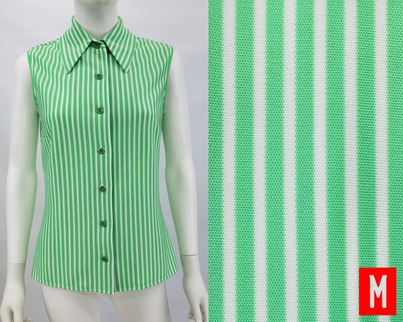 Vintage Green and White Striped Button Up Shirt Bl
