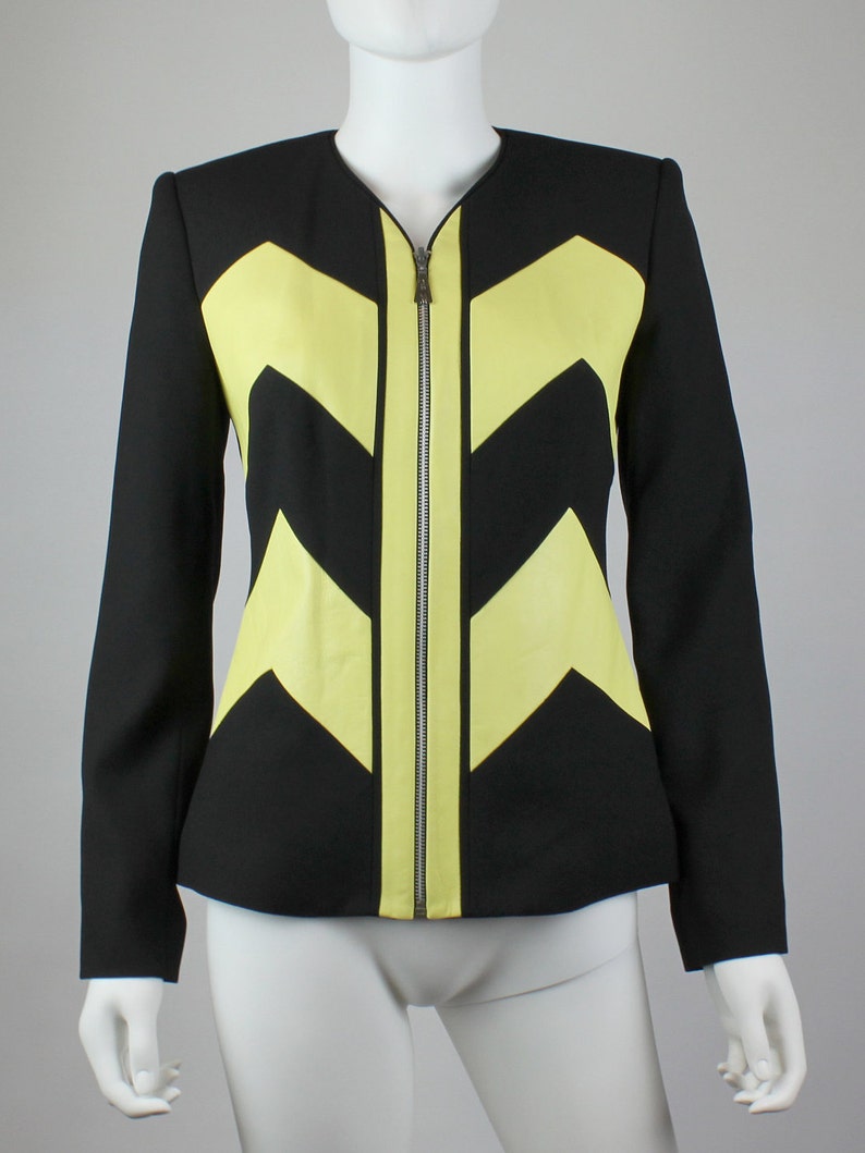 Size: 2 | 90/'s Vintage Alberto Makali Black and Yellow Leather Blazer Jacket Cache XSS
