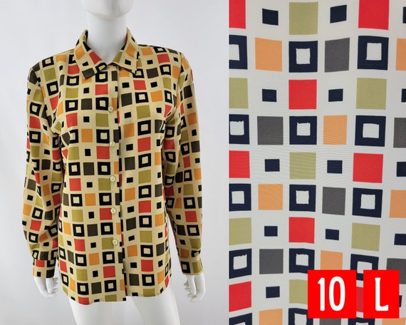 Vintage Squared Patterned Button Up Shirt Blouse … - image 1