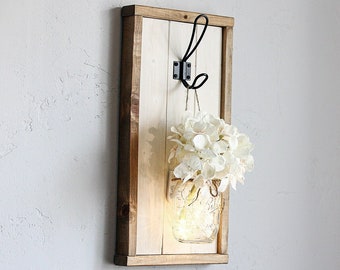 Lighted wood wall sconce with hanging mason jar vase & flowers for modern farm house room home decor