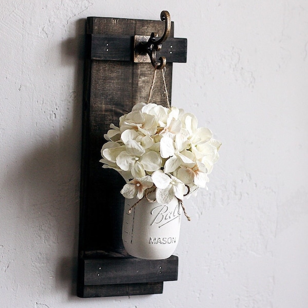 Mason jar wall sconce. Fake plant wall hanging with lights. Barn wood wall decor, Farmhouse Bathroom Wall Decorations