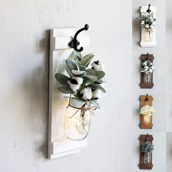 Farmhouse Mason Jar Wall Sconces, Hanging Jar With Flowers, Rustic Wall Vases, Wooden Living Room Wall Decor
