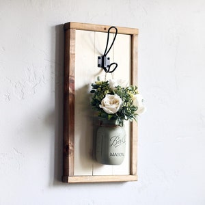 Farmhouse Decor Hanging Mason Jar Sconce, Set of 2 Sconces or Single, Rustic Wood Sconce Wall Hanging with Jar Greenery or Flowers