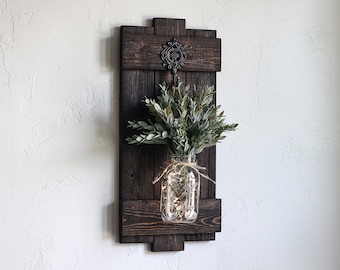 Large Hanging Mason Jar Wall Sconce With Flowers  or Greenery & Lights, Farmhouse  Living Room Wall Decor