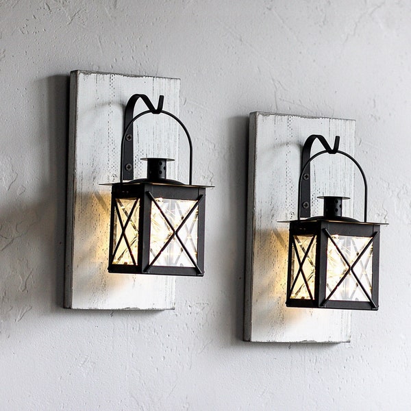 Hanging Wall Lantern Sconces With Lights. Small Black Lanterns With Hooks, Rustic Farmhouse Wall Decor. Red & Blue lantern