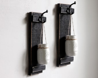 Rustic Hanging Mason Jar Sconce Set. Wall candle holders or planters