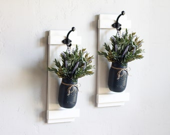 Mason jar wall sconce set with greenery or flowers, Modern farmhouse living room decor, lighted mason jar wall hangings, wood shutter decor