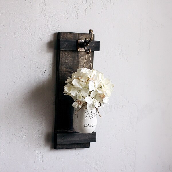 Mason jar wall sconce. Plant wall hanging with lights. Barn wood wall decor.