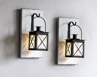 Hanging Wall Lantern Sconces With Lights. Small Black Lanterns With Hooks, Rustic Farmhouse Wall Decor. Red & Blue lantern