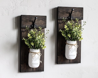 Hanging Mason Jar Wall Sconces. Rustic Barn Living Room Decor, Wood Wall Planter or Interior Shutters With Flowers, Greenery & Lights