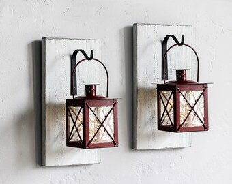 Hanging Wall Lantern Sconces With Lights. 4th of July Decor, Small Red & Blue Lanterns With Hooks, Rustic Farmhouse Wall Decor