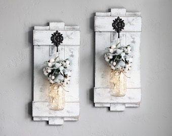 Large Mason Jar Wall Sconce Set With Lights & Flowers. Cotton Stem Farmhouse Decor. Rustic Interior shutters