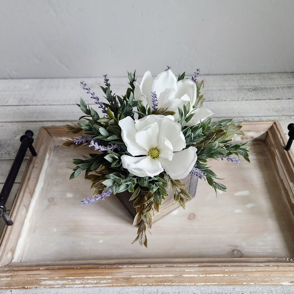 Farmhouse magnolia flower arrangement centerpiece in square wood planter box for country or rustic table decor