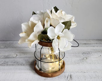 Lantern Centerpiece With Flowers, Industrial Table Decor, Farmhouse Lantern, Rustic Lantern Decor, Glass Vase With Lights