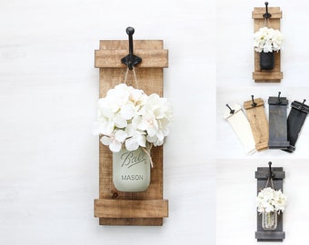 Hanging Mason Jar Wall Sconce, Farmhouse Chic Wall Decor, Wood Wall Planter, Sconce With Flowers, Mason Jar Decor