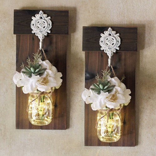 Mason Jar Sconces Wall Sconce Set Wood Sconces Farmhouse Etsy