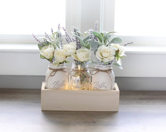 Florals Centerpieces Kitchen Marble Table table centerpiece mason jar centerpiece with lights painted mason jars floral centerpiece rustic kitchen decor entryway table decor