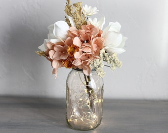 Magnolia mason jar centerpiece with lights, country wedding decor, pink and white wild flower centerpieces, party table decorations