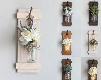 Farmhouse hanging mason jar wall sconces with lights & flowers for living room or bedroom wood wall decor