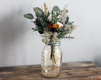 Wild flower mason jar centerpiece with lights, country wedding decor, farmhouse table centerpieces, party table decorations