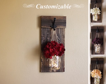 Rustic Wall Decor, Mason Jar Wall Sconce, Lighted Sconce, Farmhouse Wall Decor, Wall Sconces, Mason Jar Wall Decor, With Hydrangeas