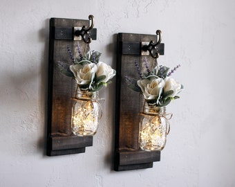 Mason Jar Wall Sconce Set With Flowers & Lights, Farmhouse Porch Lanterns, Wall Hanging Planters