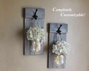 Mason Jar Wall Sconces, Farmhouse Wall Decor,  Wood Wall Sconce Pair, Rustic Wall Sconce, Wall Sconce Light, Mason Jar Decor