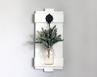 Large Mason Jar Wall Sconce, With Flowers & Fairy Lights, Custom Farmhouse Wall Decor, Floral Wall Hanging, Large Wall Scone