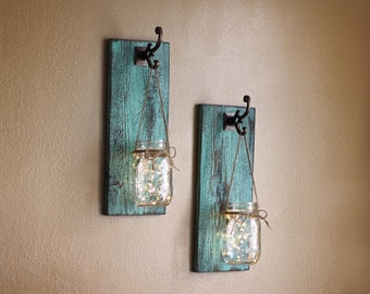 Farmhouse Wall Decor, Mason Jar Wall Sconces, Hanging Lanterns, Mason Jar Wall Decor, Wall Sconce Set, Wood Sconces, Wall Decor