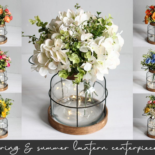 Spring Lantern Flower Arrangement Centerpiece With Lights. Rustic Farmhouse Kitchen Table Decor