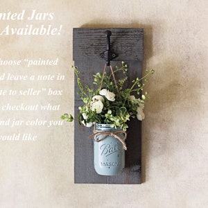 Rustic mason jar wall sconce set with flowers. Wooden wall plaque with hooks & greenery. Shutter wall decor image 4
