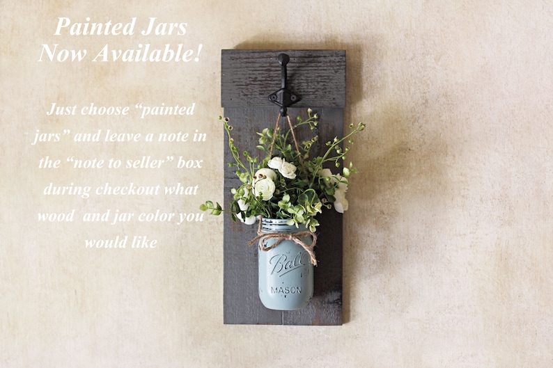 Rustic mason jar wall sconce set with flowers. Wooden wall plaque with hooks & greenery. Shutter wall decor image 4